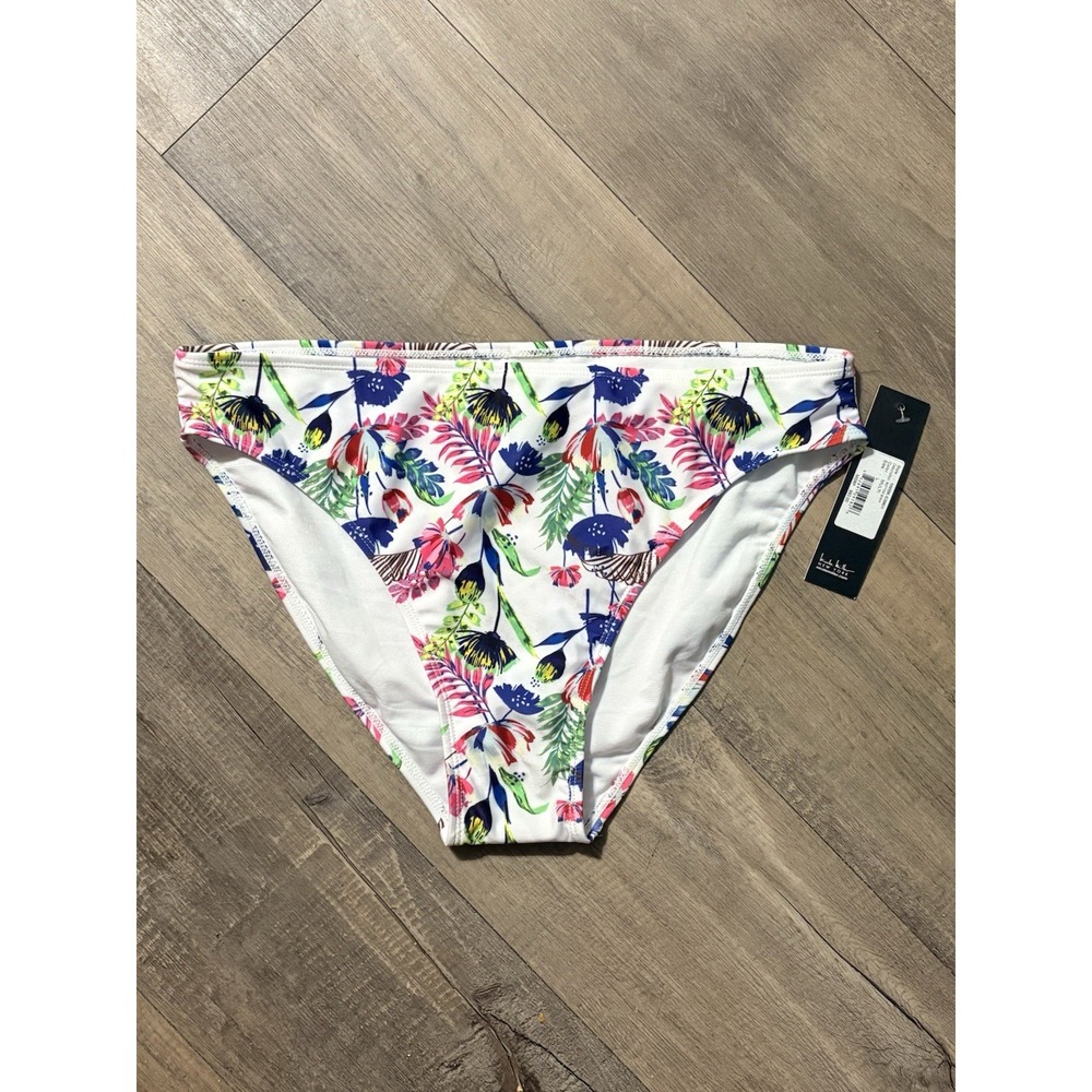 NWT Nicole Miller New York Womens Large Bikini Bottom Floral Swim Brief White